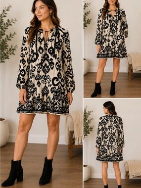 Zara Black & Ivory Ikat Print Tie Neck Mini Dress Size S
